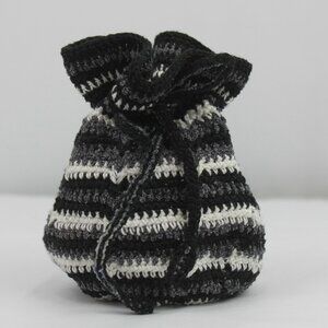 Black Gray White Crochet Drawstring Pouch Bag